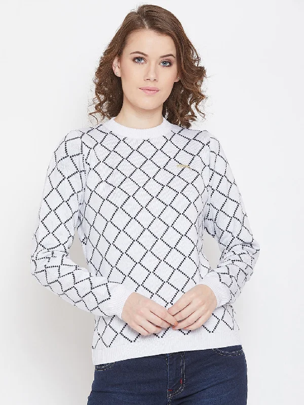 Chic Lounge JUMP USA Women White & Navy Blue Acrylic Checked Sweater