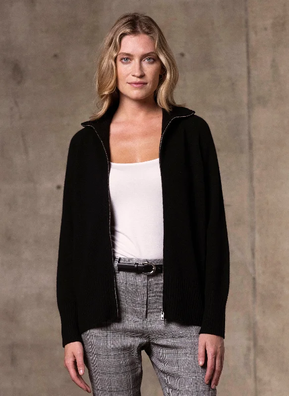 Age-reducing Style Women's Francesca Double End Zip Cashmere Cardigan Sweater in Black