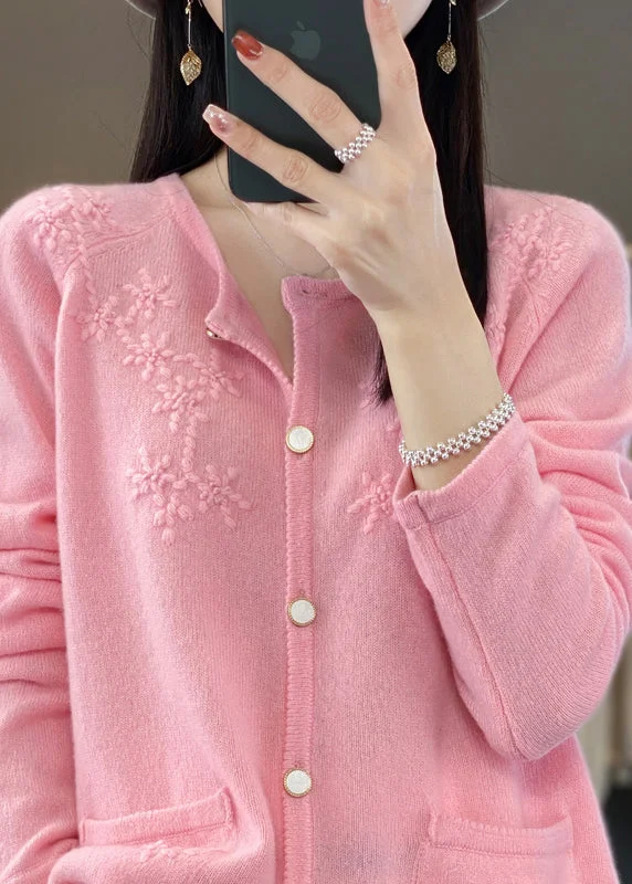High-end Design Pink O-Neck Solid Cashmere Knit Cardigan Fall