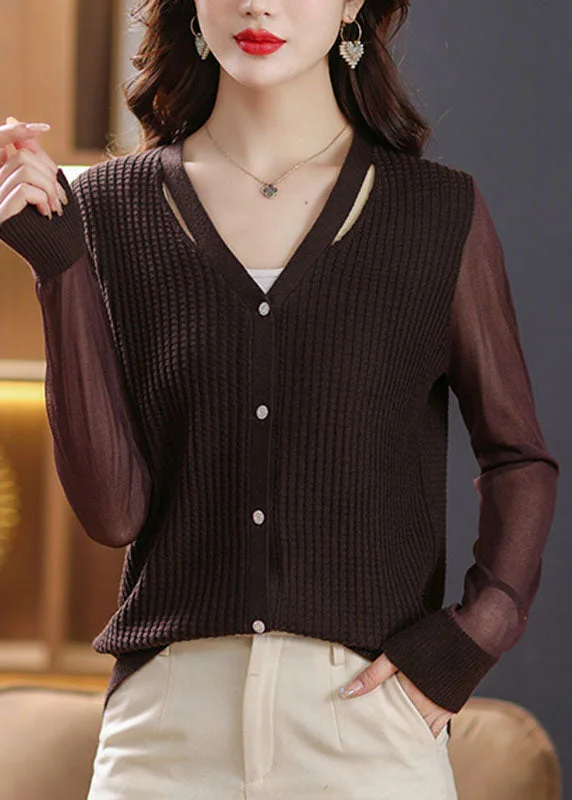 Playful Style Sexy Coffee V Neck Patchwork Ice Size Knit Cardigan Fall
