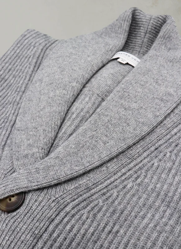 Exquisite Design Men's Telluride Cashmere Rib Button Cardigan Sweater in Light Grey Heather Exquisite Design Men's Telluride Cashmere Rib Button Cardigan Sweater in Light Grey Heather
