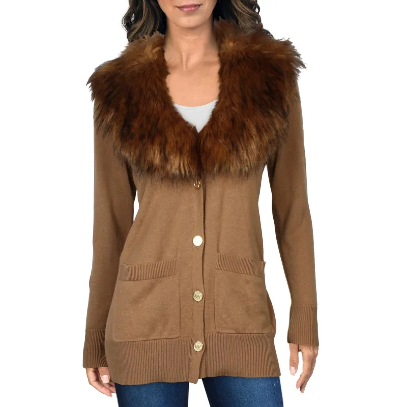 Energy Plan MICHAEL Michael Kors Womens Faux Fur Trim Button-Down Cardigan Sweater