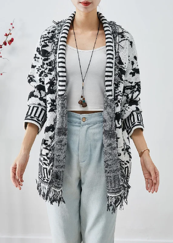 Relaxed Tops Unique White Tasseled Jacquard Knit Cardigan Fall