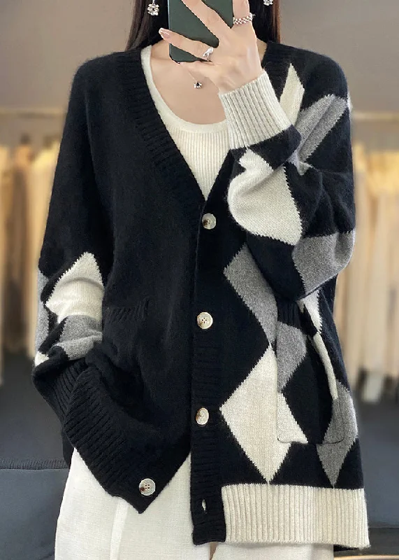 Slim Fit Loose Black V Neck Plaid Button Wool Knit Cardigans Winter