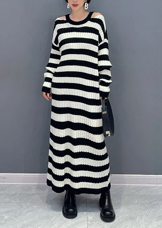 Beautiful Romance Women Black Striped Side Open Patchwork Knit Cardigan Fall