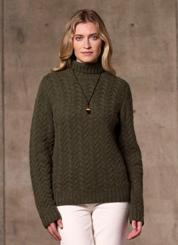 Smart Comfort Wear Women's Giulia Turtle Neck Cable Cashmere Sweater in Olive