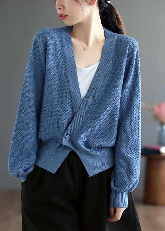 New Season Series Women Blue V Neck Solid Button Knit Cardigan Fall