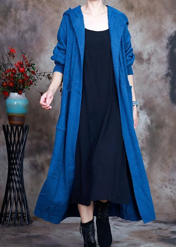 Comfortable Fashion Stylish Blue Hooded Pockets Knit Cardigans Winter