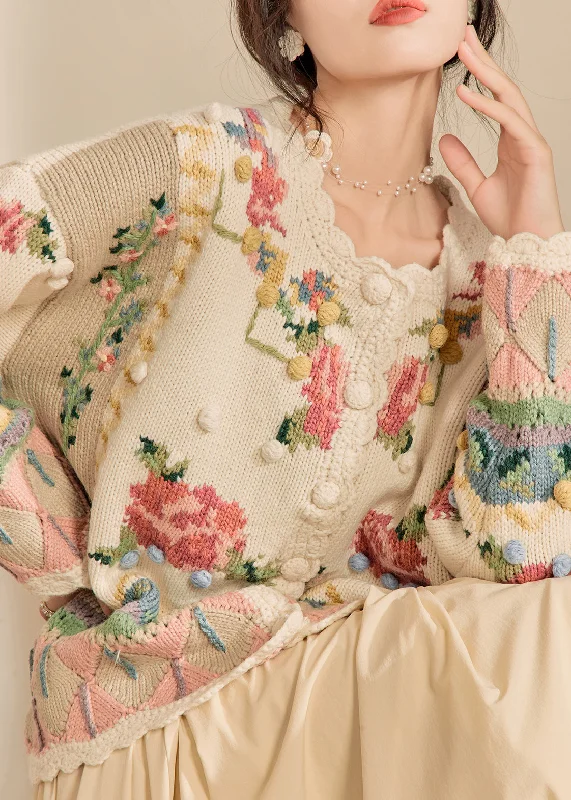 Versatile Wear New Loose Beige Embroidered Button Knit Cardigans Fall