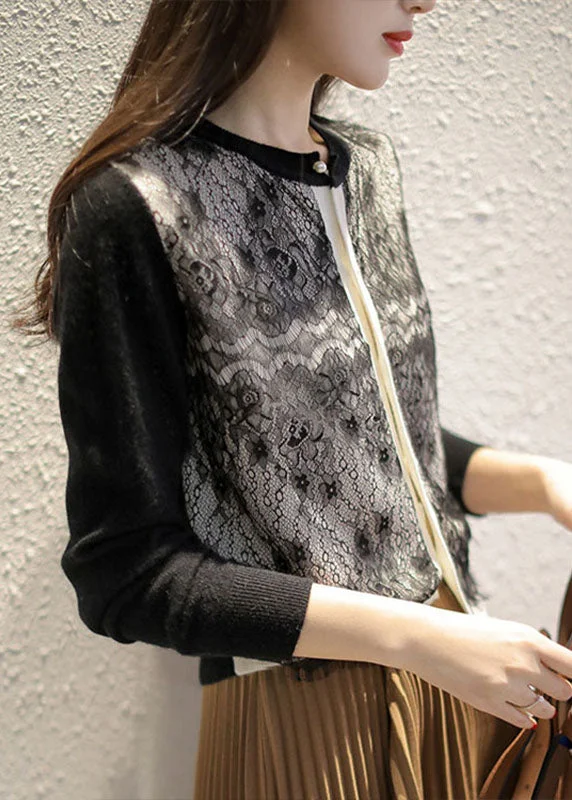 Fashionable And Versatile Stylish Black O-Neck Lace Patchwork Knit Cardigans Spring