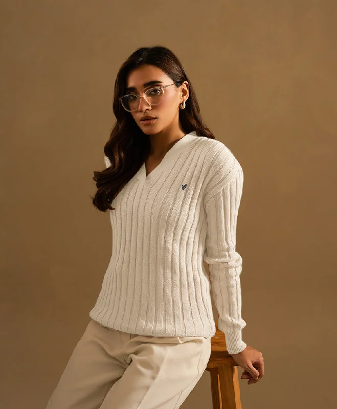 Youthful White V-Neck Sweater (Women)