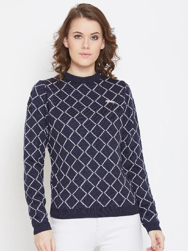 Double-sided Wear JUMP USA Women Navy Blue & White Acrylic Checked Sweater