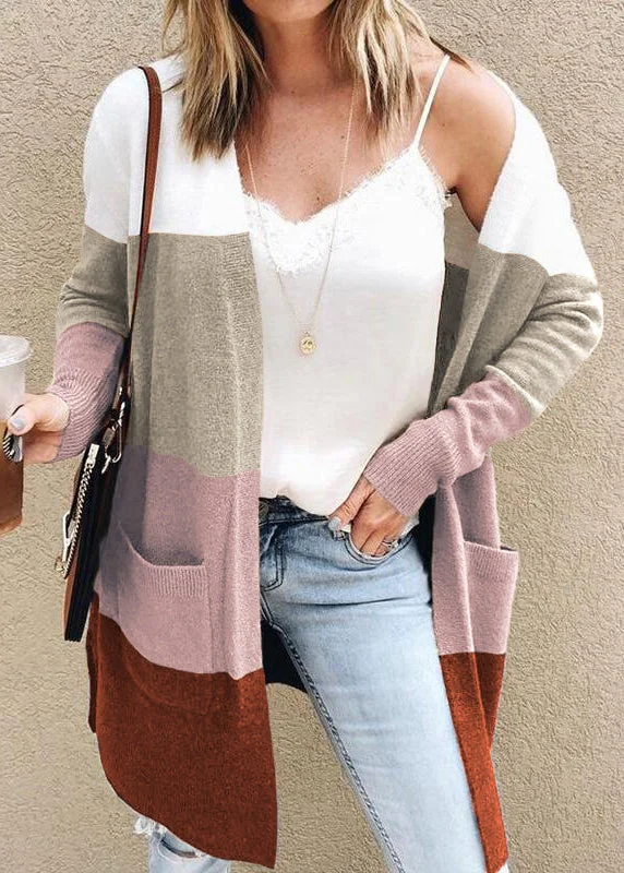 Street Cool Loose Grey V Neck Striped Pockets Knit Cardigan Fall