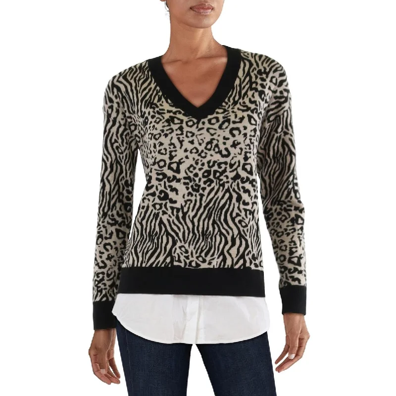 Soft Knitwear Womens Layered Animal Print Pullover Sweater