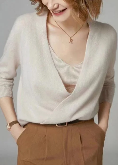 Ultra-lightweight Women Beige V Neck Button Patchwork Woolen Knit Cardigan Fall