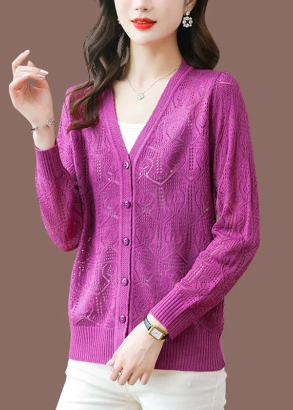 Relaxed And Casual Slim Fit Purple Button Thin Ice Size Knit Cardigan Summer