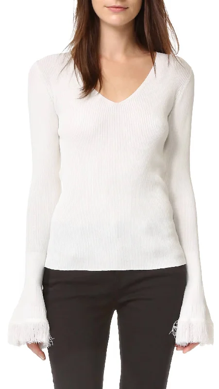 Sports Design V-Neck Ribbed Sweater In White