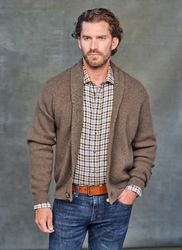 Fashion Touch Men's Telluride Cashmere Rib Button Cardigan Sweater in Ranch Brown Heather