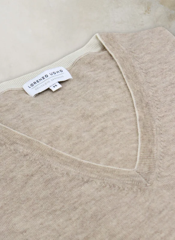 French Style Men's St. Barths Contrast V-Neck Cashmere Sweater in Taupe