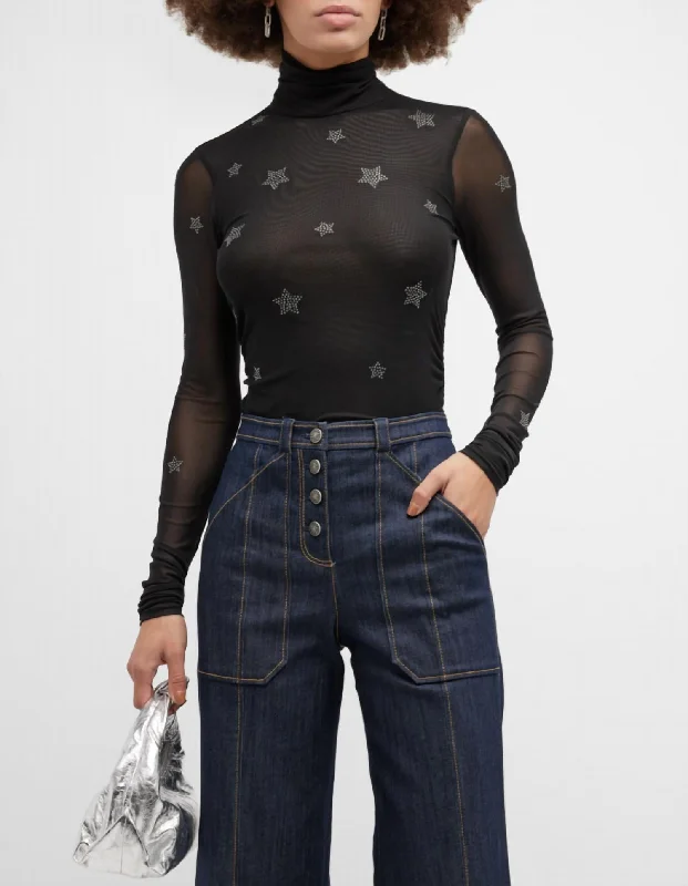 Classic Style Women Star Shirred Mesh Turtleneck Top In Black