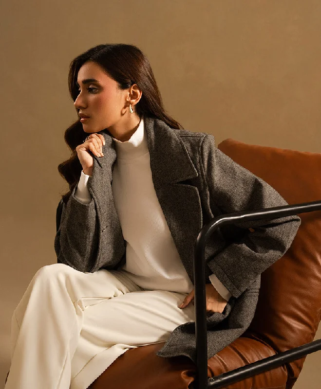 Luxury Style Herringbone Black Long Coat (Women)