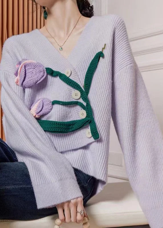 Cozy Fashions Floral Purple Asymmetrical Button Knit Cardigan Winter