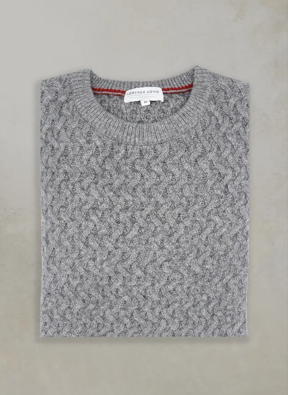 Cozy Vibes Men's Como Basketweave Cashmere Crew Neck Sweater in Light Grey