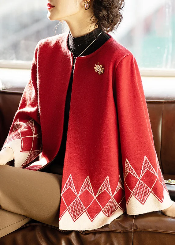 Spring Fashion Style Red O Neck Print Patchwork Knit Cardigan Fall