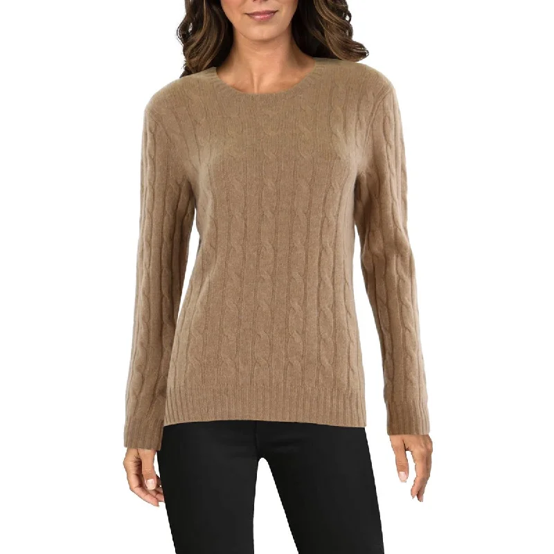 Relaxed Fit Womens Cashmere Cable Knit Crewneck Sweater