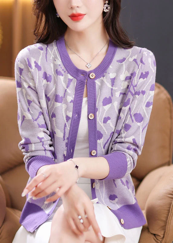 Fashionable Comfort Purple O-Neck Button Cozy Knit Cardigan Fall