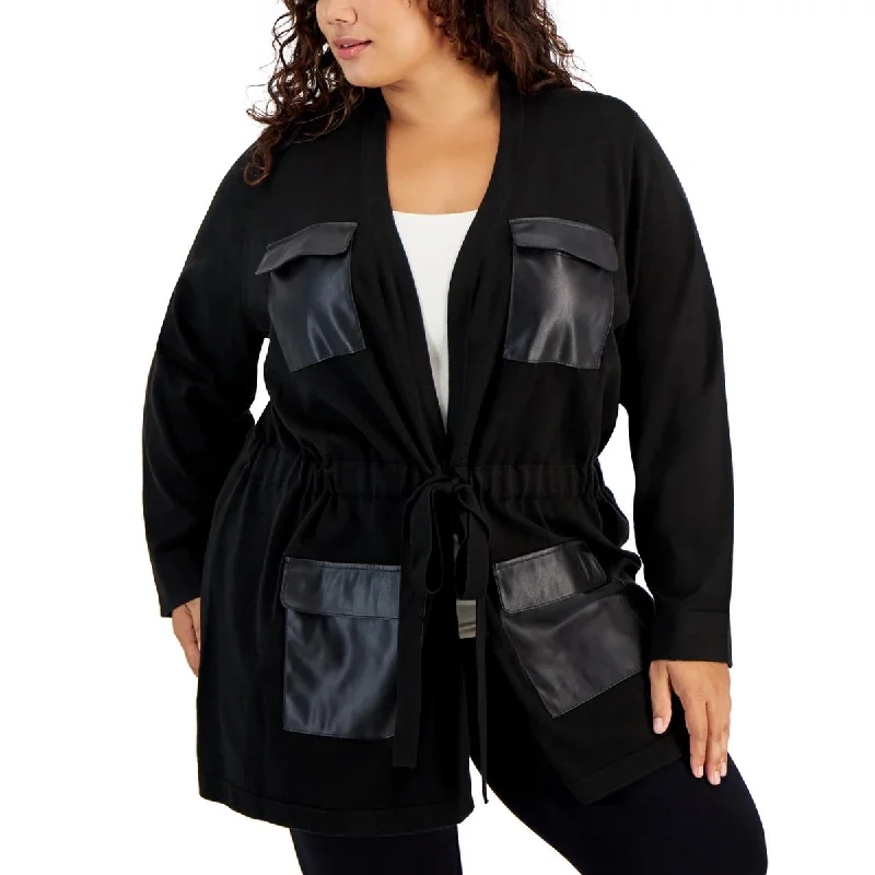Celebrity Picks Calvin Klein Womens Plus Faux Leather Trim Jacket Cardigan Sweater