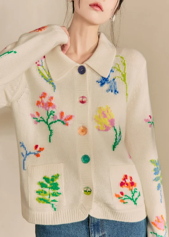 Simple Chic Natural White Peter Pan Collar Pockets Print Cotton Knit Cardigans Winter