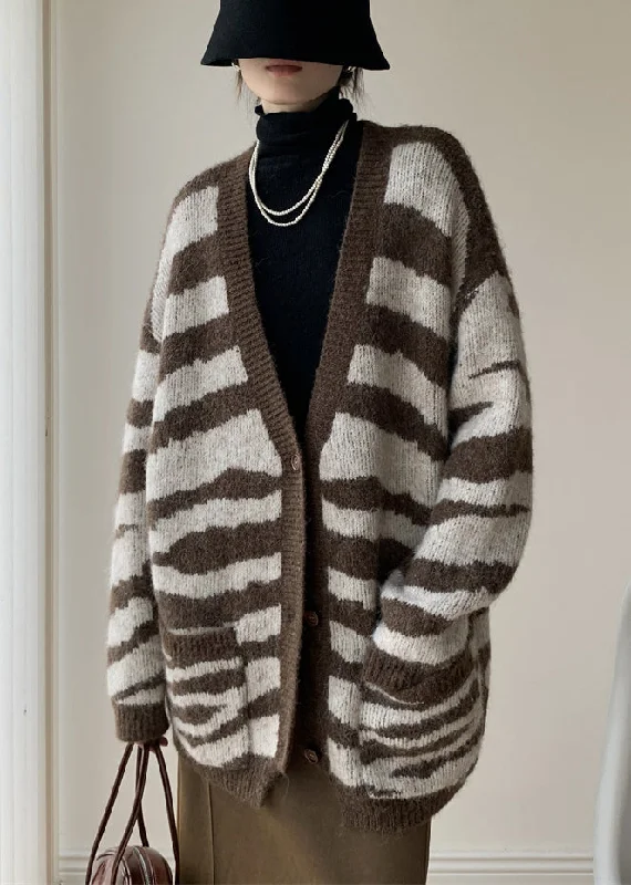 Comfortable Design French Coffee Striped V Neck Pockets Knit Cardigans Winter