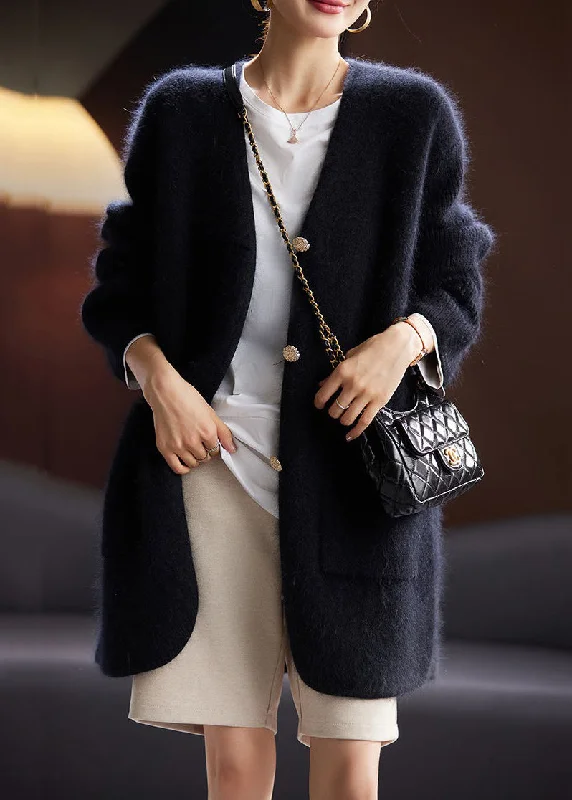 Modern Comfort Women Black Button Pockets Cotton Knit Cardigan Long Sleeve