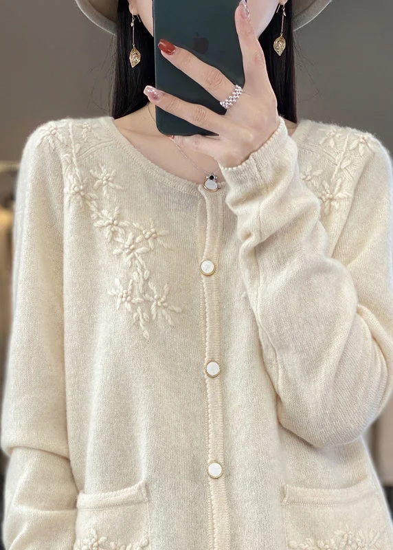 New Products Unique Beige Floral Button Cashmere Knit Cardigan Long Sleeve