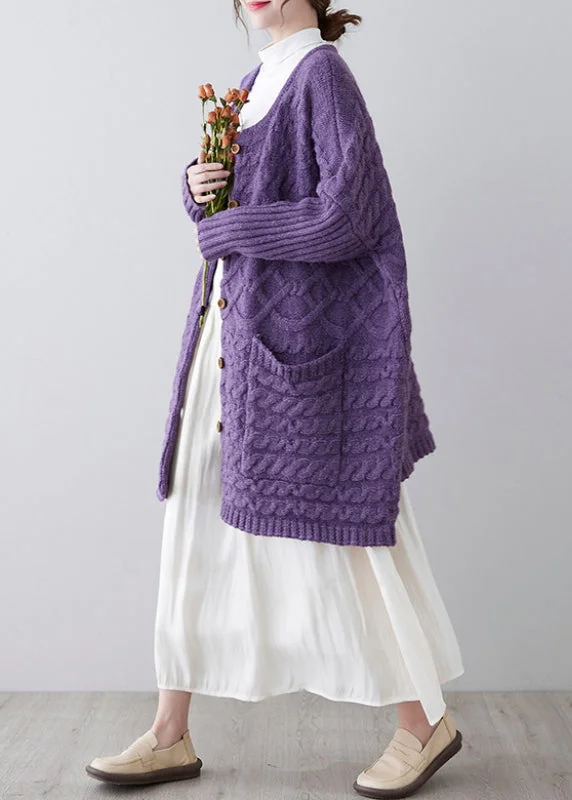 Fashion Touch Plus Size Purple Button Pockets Cotton Knit Cardigan Fall