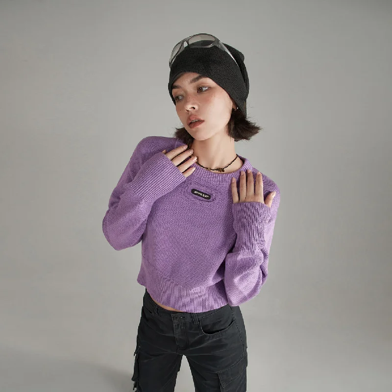 All-Day Outfits Distressed Logo Solid Crop Knit Sweater