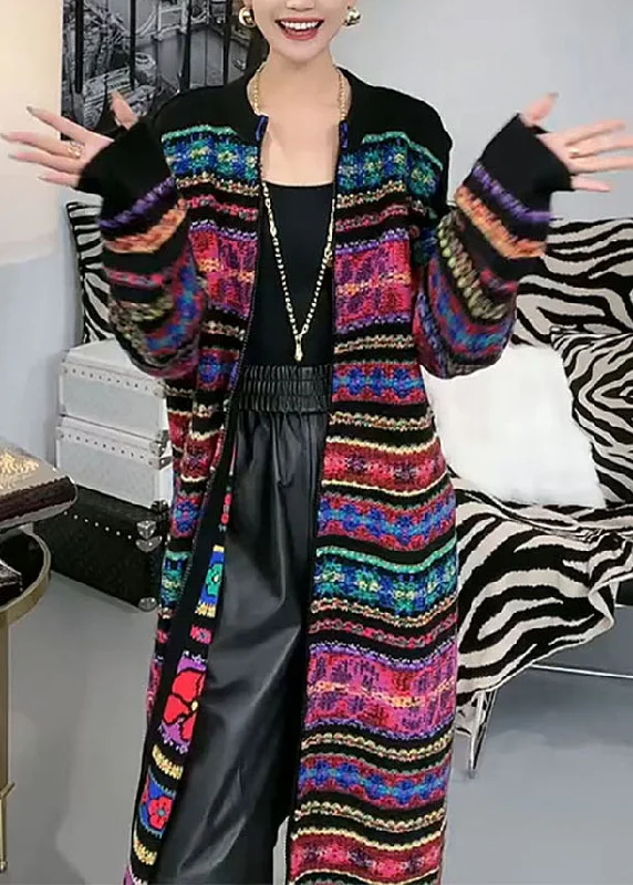 New Design New Rainbow O-Neck Zip Up Patchwork Knit Cardigans Fall