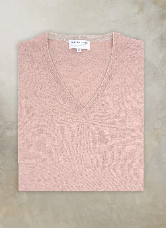 Weekend Comfort Men's St. Barths Contrast V-Neck Cashmere Sweater in Dusty Pink