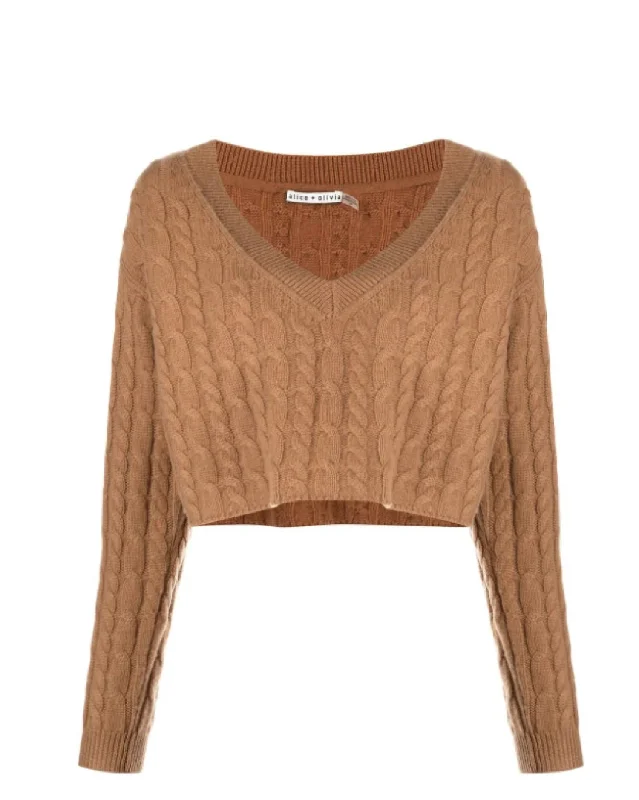 Elegant Comfort Ayden V-Neck Cable Knit Pullover Cropped Top Sweater In Camel