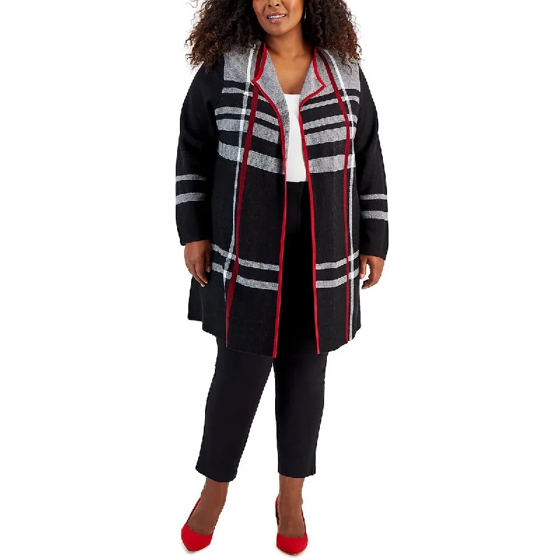 Casual Chic Kasper Womens Plus Checkered Cotton Cardigan Sweater