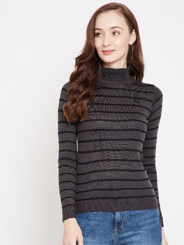 Versatile Outfits JUMP USA Women Grey Striped Pullover Sweater