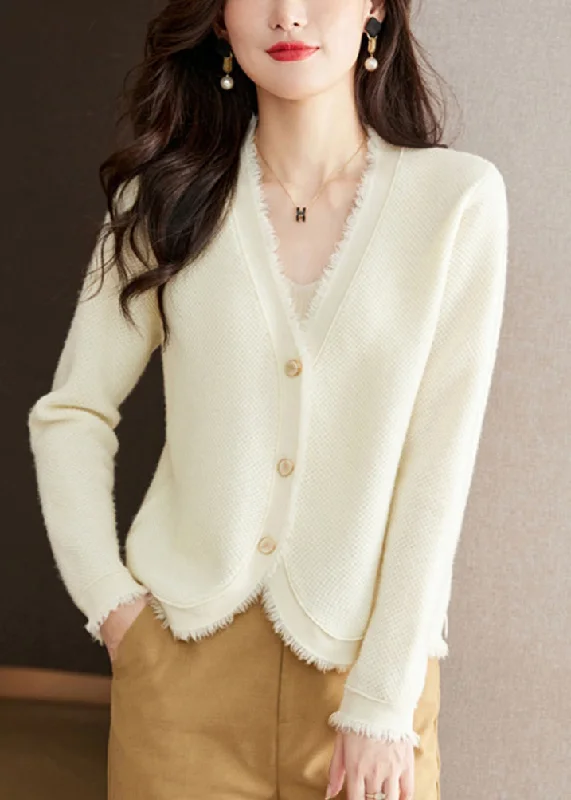 Cool Breeze At Night New Beige V Neck Button Solid Wool Knit Cardigan Fall