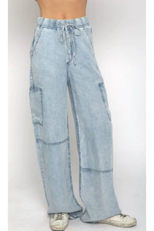 Casual Comfort Birdie Tencel Cargo Pants In Washed Denim