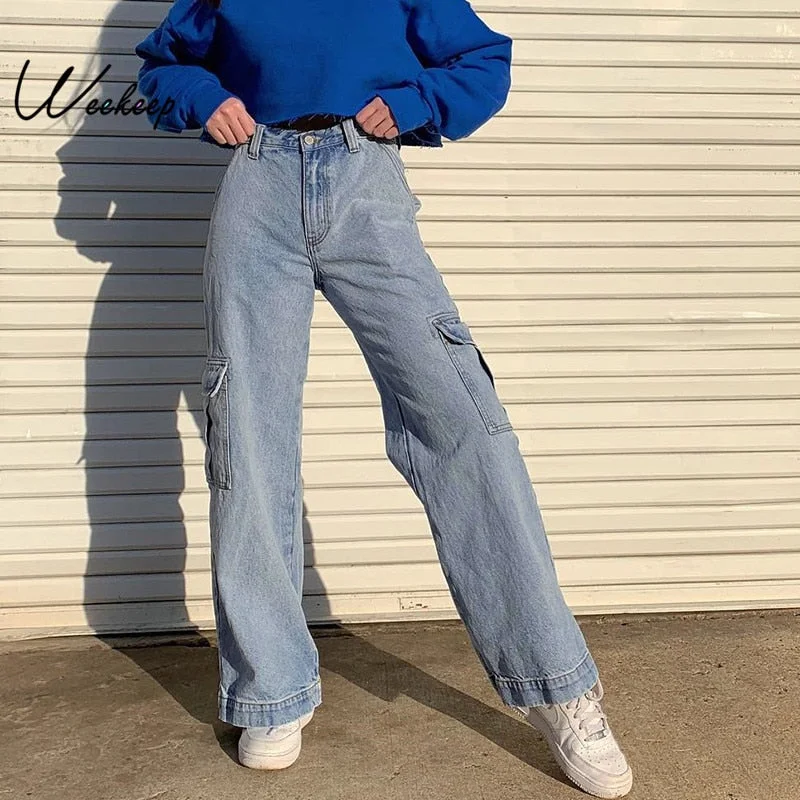 Slim Fit Weekeep Pockets Patchwork High Waist Jeans Women Streetwear Straight Jean Femme Blue 100% Cotton Cargo Pants