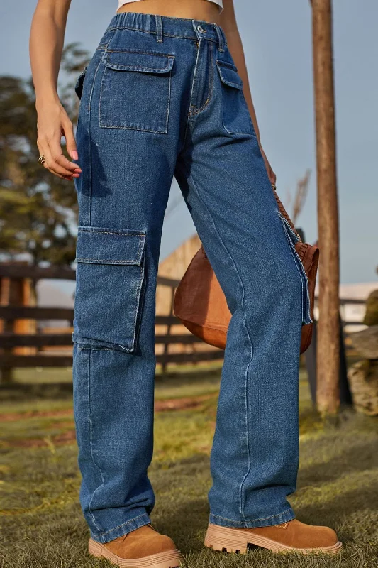 Unique Design Loose Fit Long Jeans with Pockets