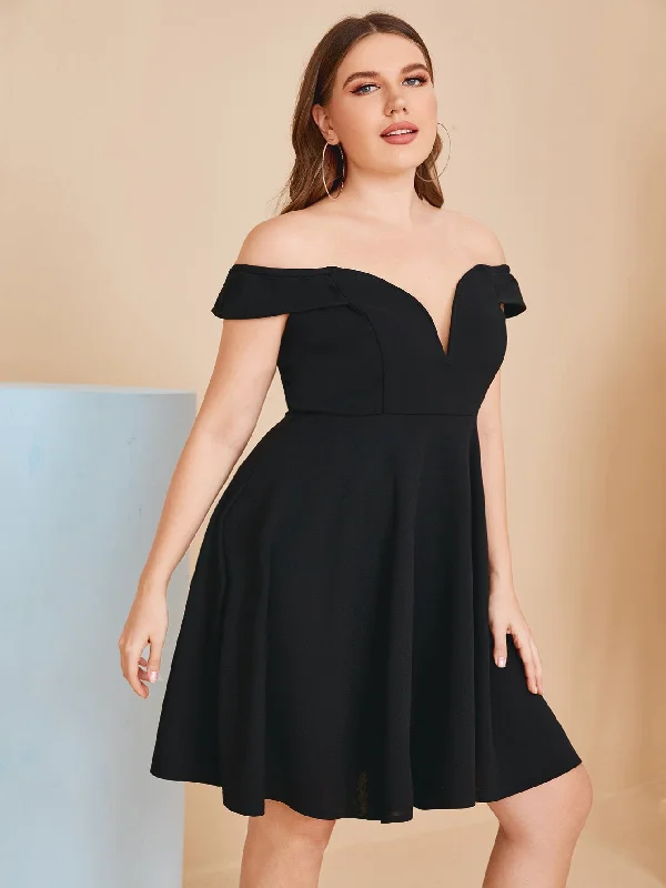 Cozy Fit Elegant Plain Zipper Short Sleeve Off The Shoulder Flared High Waist Short Plus Size Dress