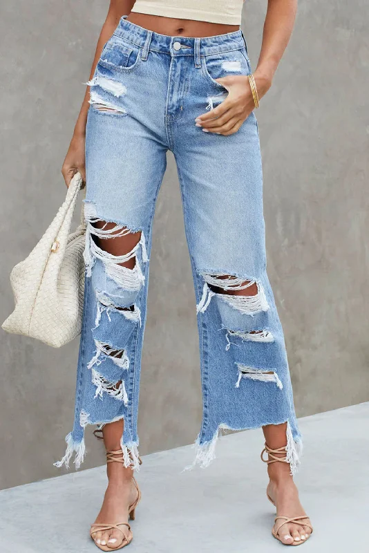 Sweet Girl Distressed Raw Hem Jeans with Pockets