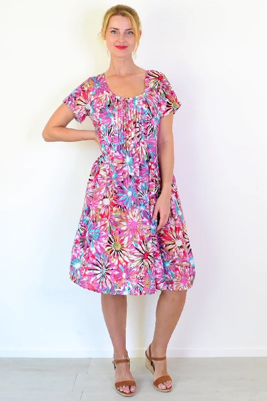 Timeless Comfort Colourful Flowers Print Peasant Tunic Dress