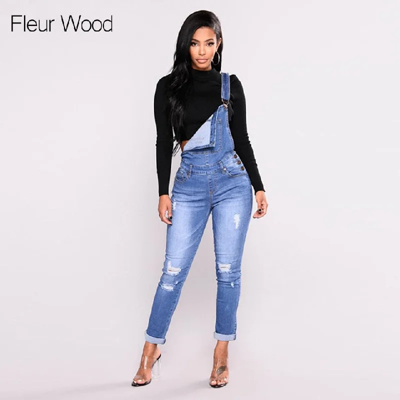 Elegant Style FLEUR WOOD Jeans Bib Female Hole Slimming Feet Jeans Women High Elastic Plus Size Stretch Jeans Female Washed Denim skinny Jeans